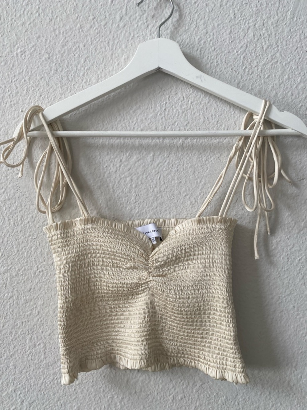 Olive and Bette’s Smocked Double Tie-Strap Satin Crop Top in Cream XS